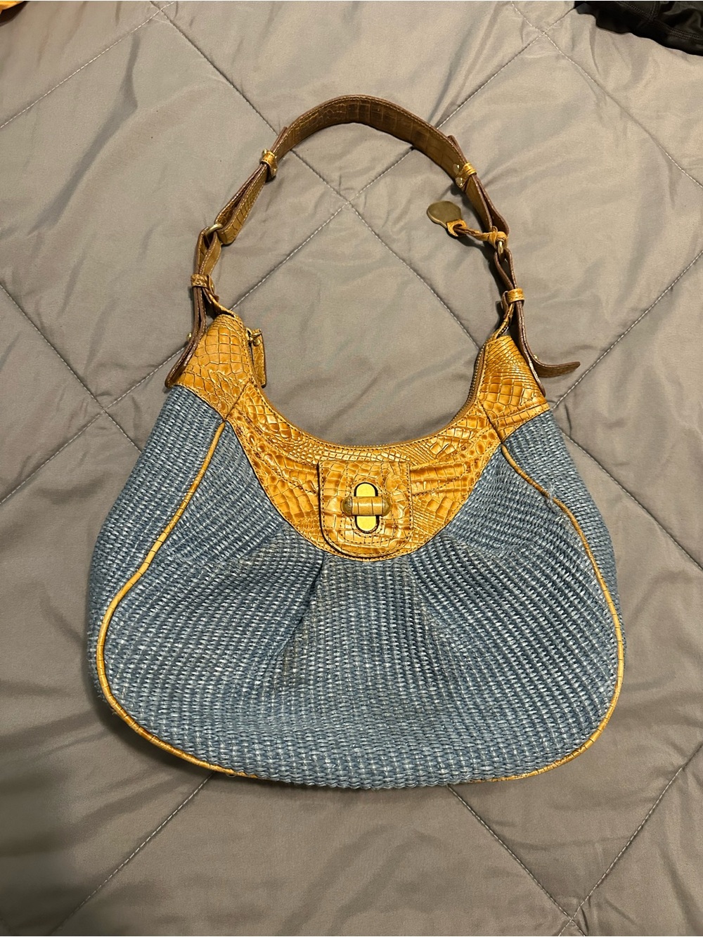 Brahmin Blue Raffia Woven Hobo Shoulder Bag Cognac Croc Embossed Leather Summer